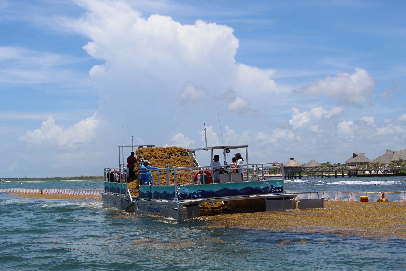We manage sargassum invasions, Sargaboat collecting sargassum along flaoting barriers - Sargassum Defense Consulting
