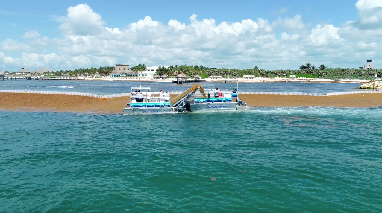 We manage sargassum invasions, Sargaboat collecting along flaoting barriers - Sargassum Defense Consulting