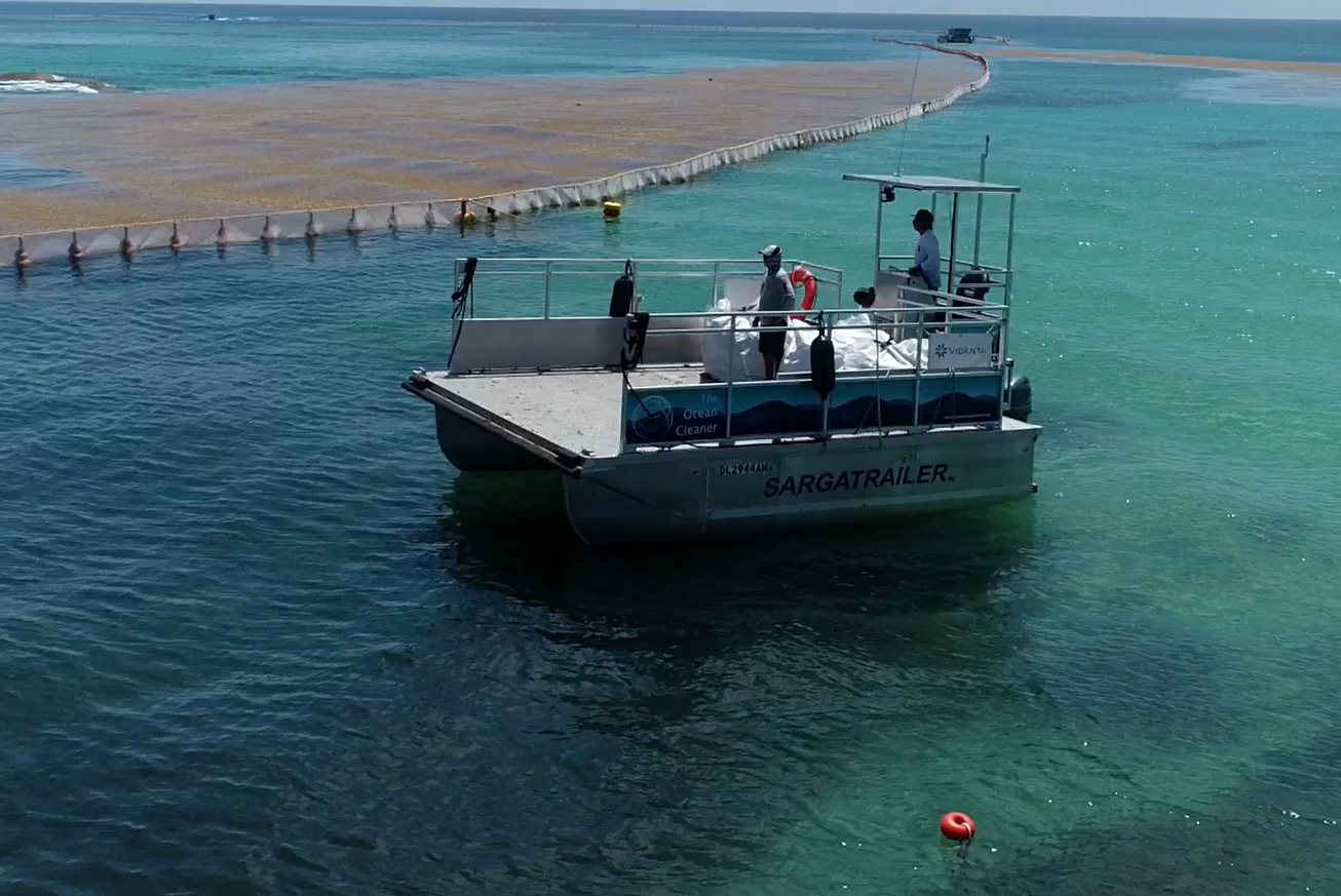 We manage sargassum invasions, Sargatrailer along flaoting barriers - Sargassum Defense Consulting